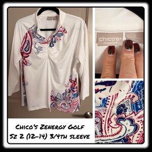 Chico’s RARE rhinestone button Zenergy white/pink/blue blouse L/W sz 2 (12-14)